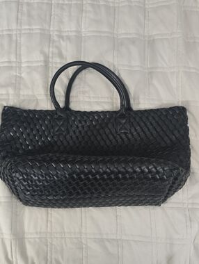 Large Black Woven Tote Bag Faux Leather Oversized Purse